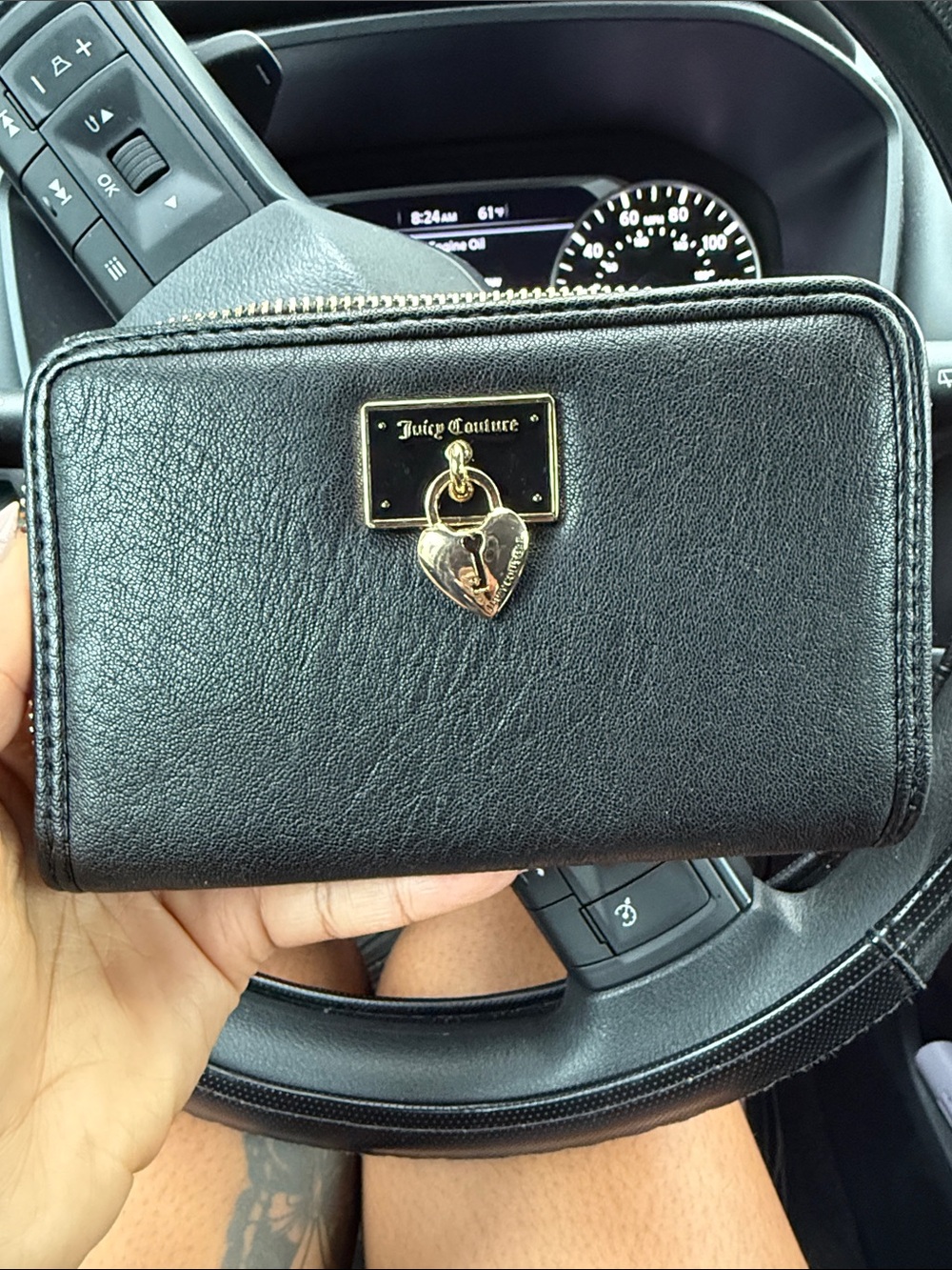 Juicy Couture Black Leather Zip Wallet with Gold Heart Plate